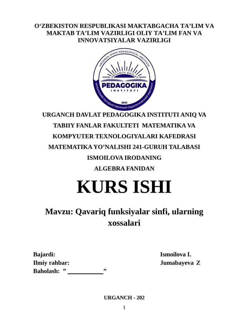 Qavariq funksiyalar sinfi, ularning xossalari