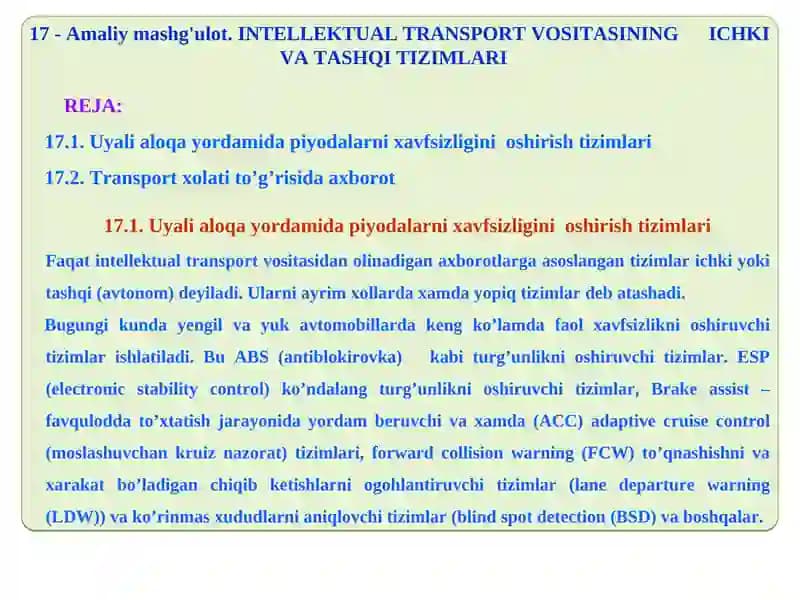 INTELLEKTUAL TRANSPORT VOSITASINING ICHKI VA TASHQI TIZIMLARI
