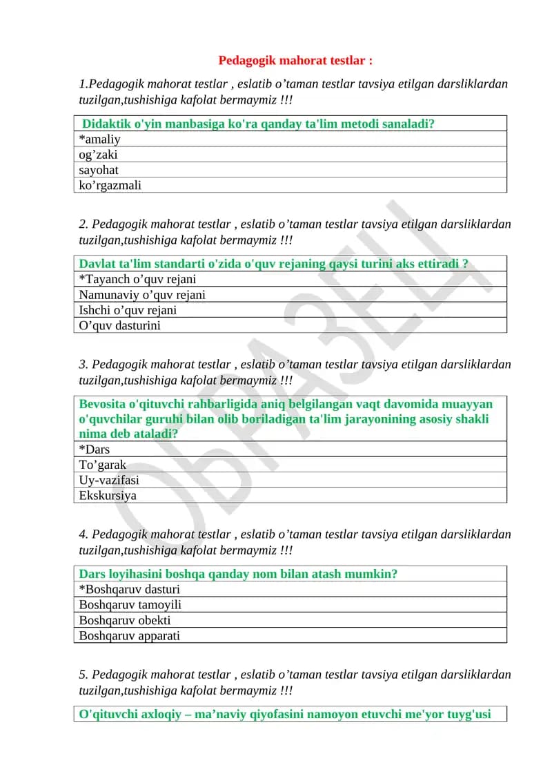Pedagogik mahorat testlar
