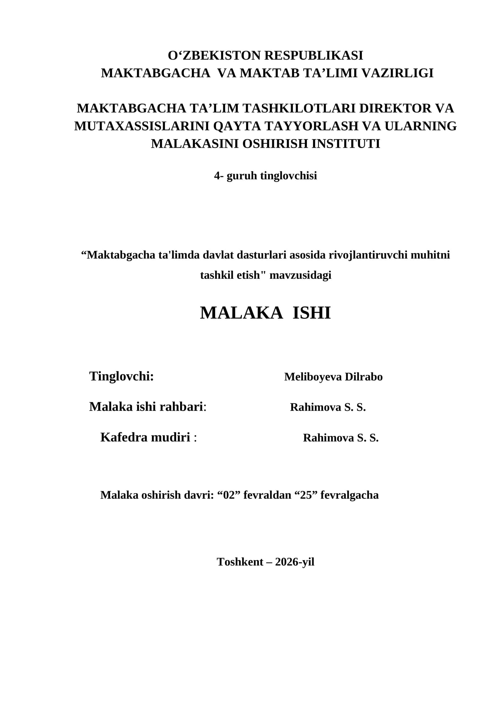 "Maktabgacha ta'limda davlat dasturlari asosida rivojlantiruvchi muhitni tashkil etish"