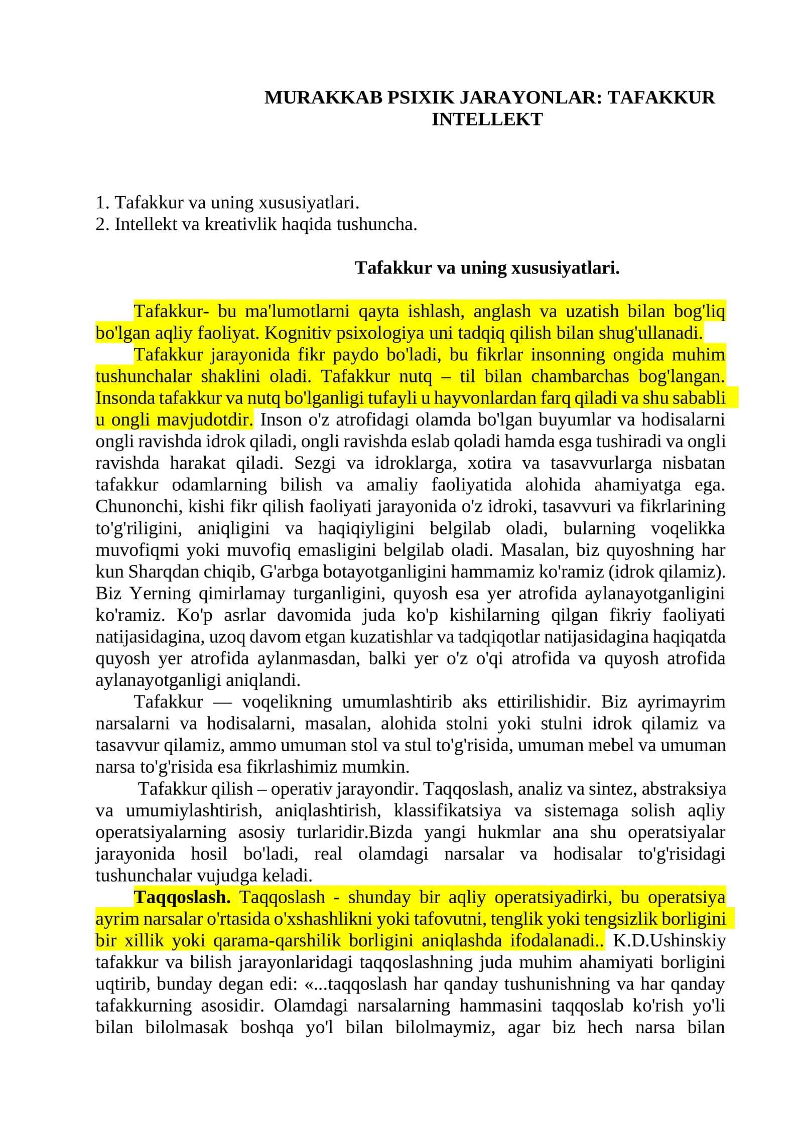 MURAKKAB PSIXIK JARAYONLAR: TAFAKKUR INTELLEKT