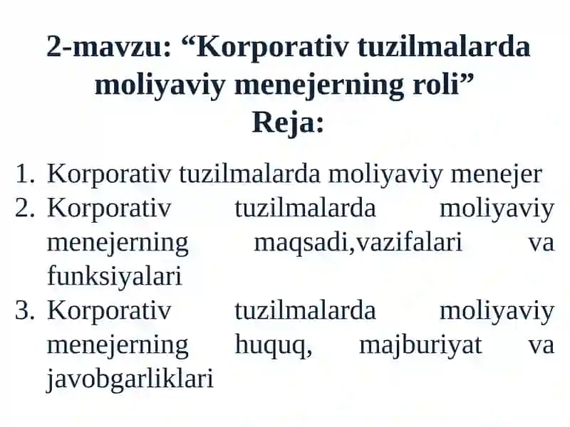 Korporativ tuzilmalarda moliyaviy menejer
