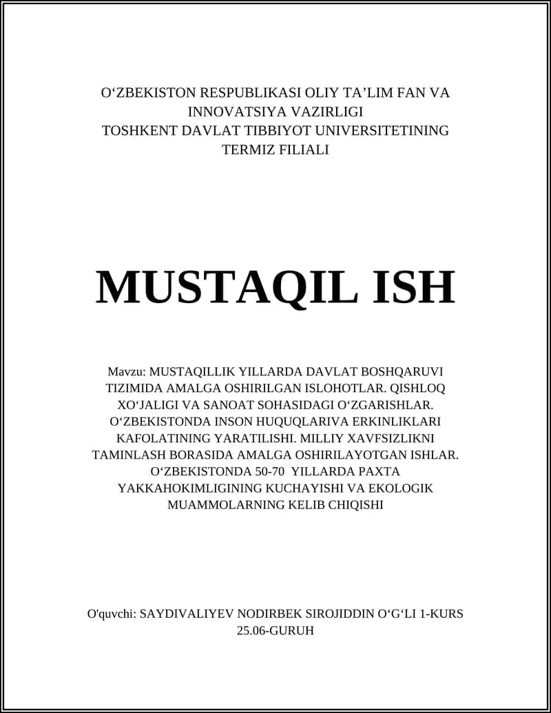 MUSTAQILLIK YILLARDA DAVLAT BOSHQARUVI TIZIMIDA AMALGA OSHIRILGAN ISLOHOTLAR