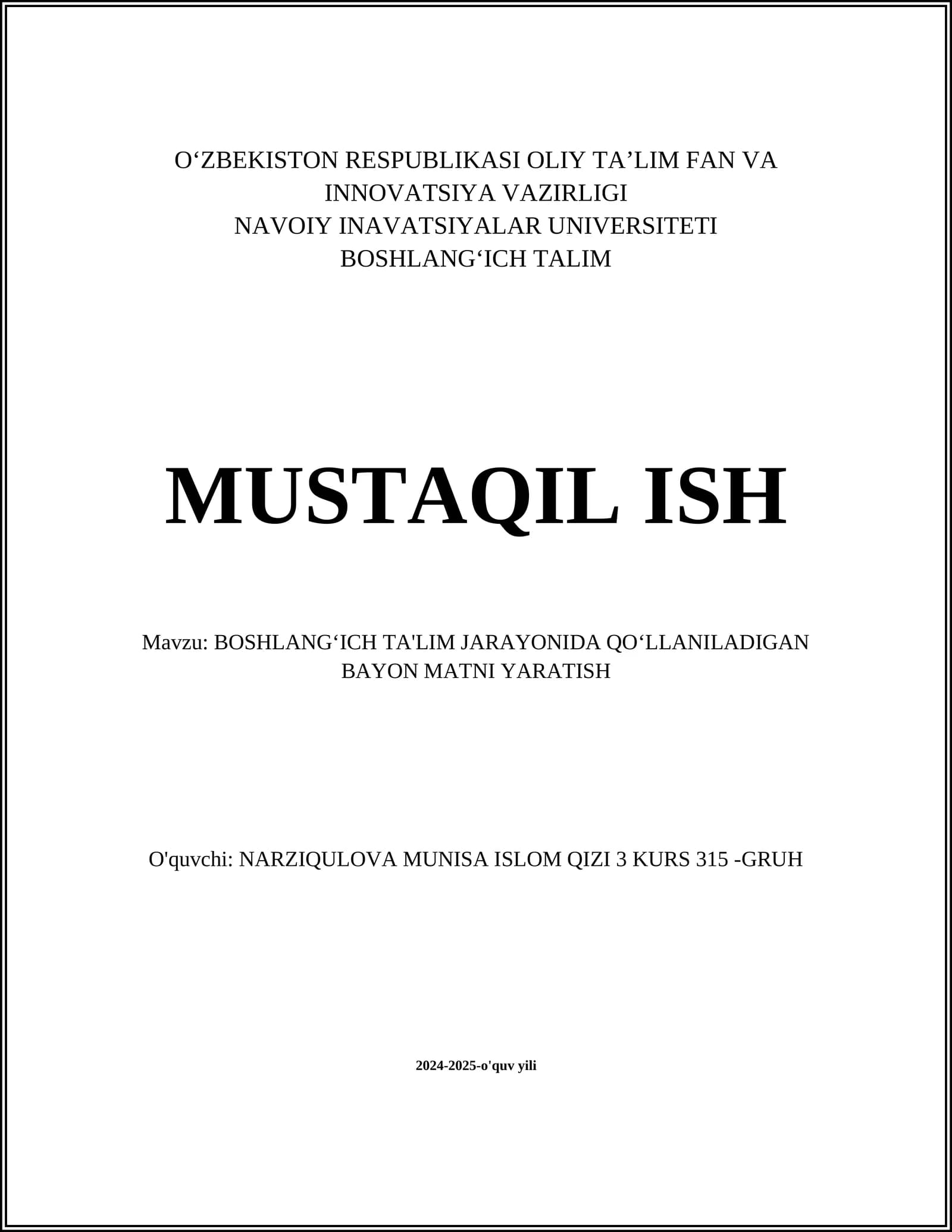 BOSHLANG'ICH TA'LIM JARAYONIDA QO'LLANILADIGAN BAYON MATNI YARATISH