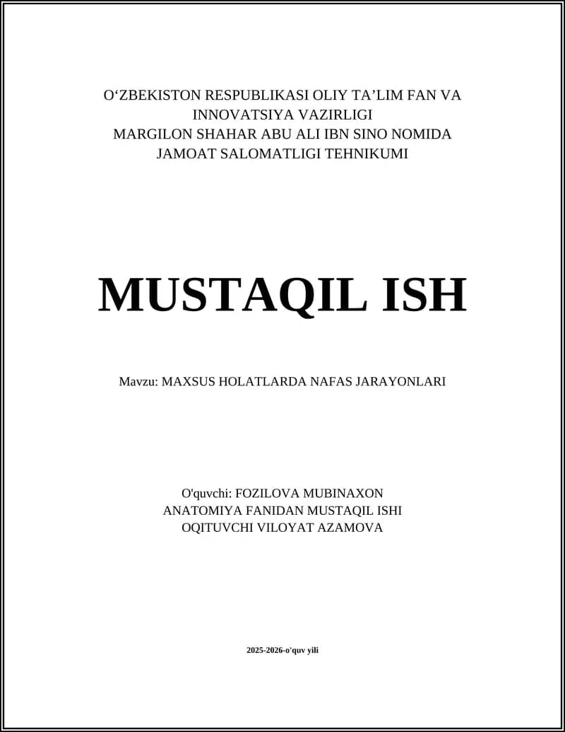 MAXSUS HOLATLARDA NAFAS JARAYONLARI