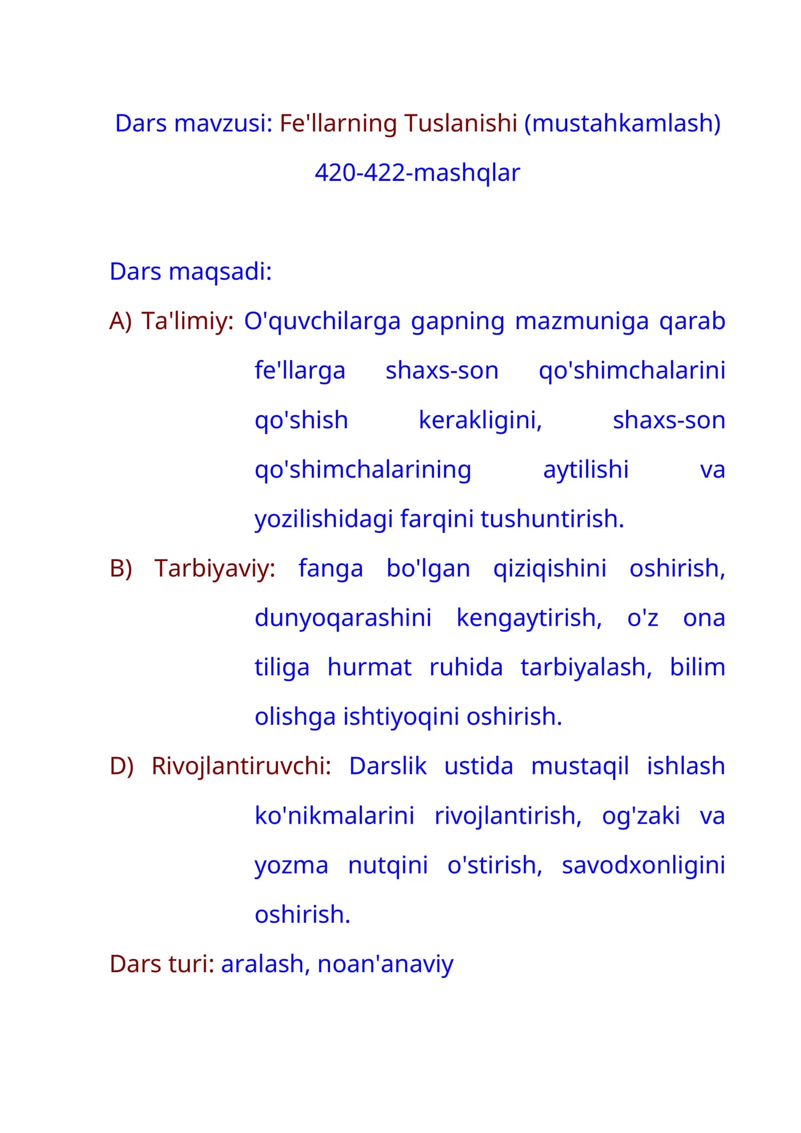 4-sinf Ona tili fanidan dars ishlanma. Fe'llarning tuslanishi