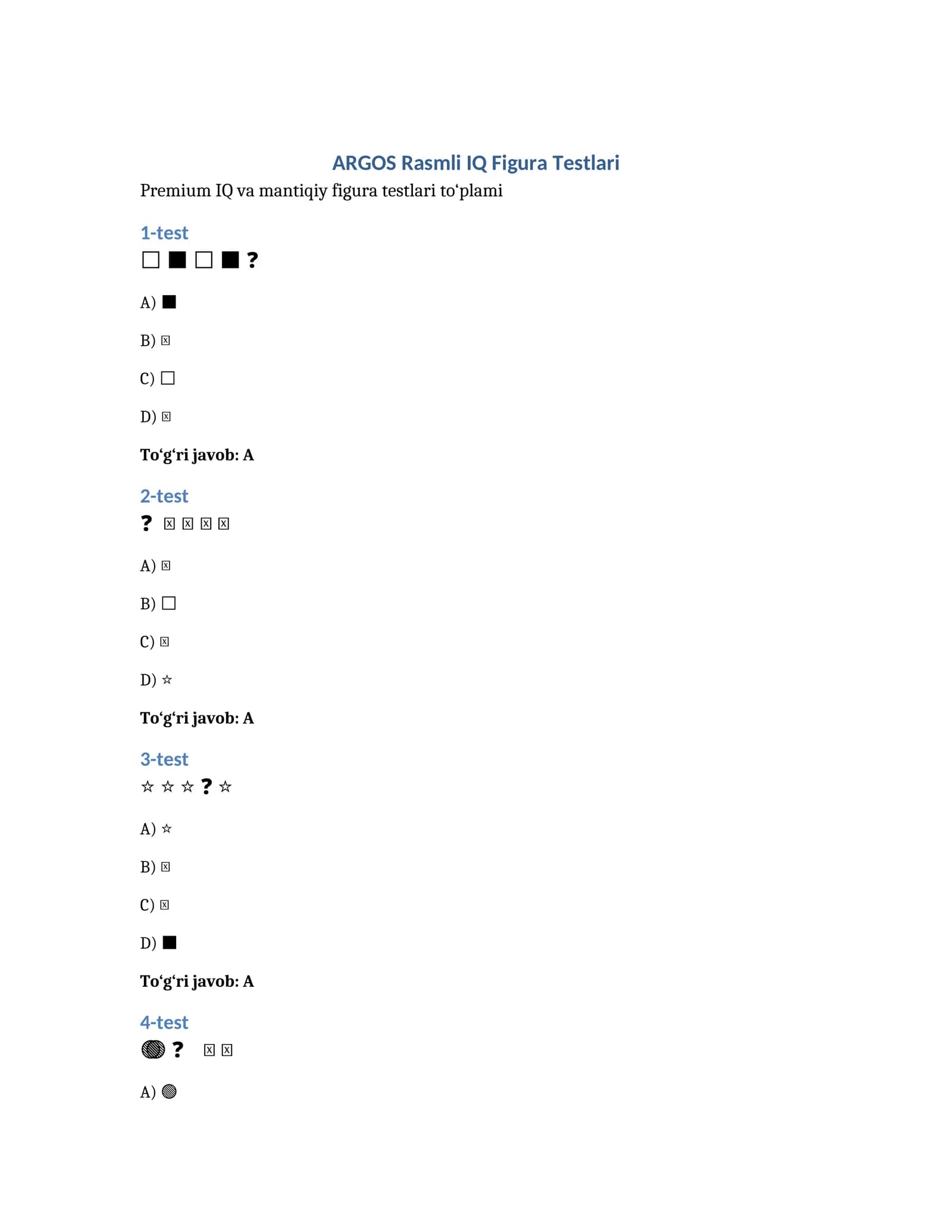ARGOS Premium Rasmli IQ Figura Testlari | DOCX Format
