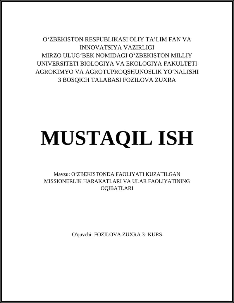 OʻZBEKISTONDA FAOLIYATI KUZATILGAN MISSIONERLIK HARAKATLARI VA ULAR FAOLIYATINING OQIBATLARI