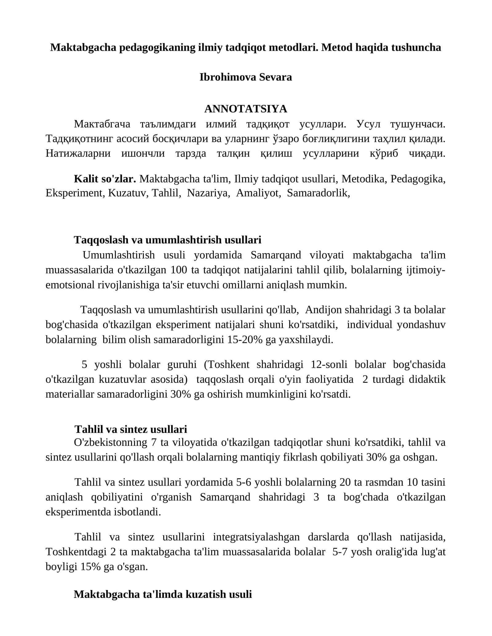 Maktabgacha pedagogikaning ilmiy tadqiqot metodlari