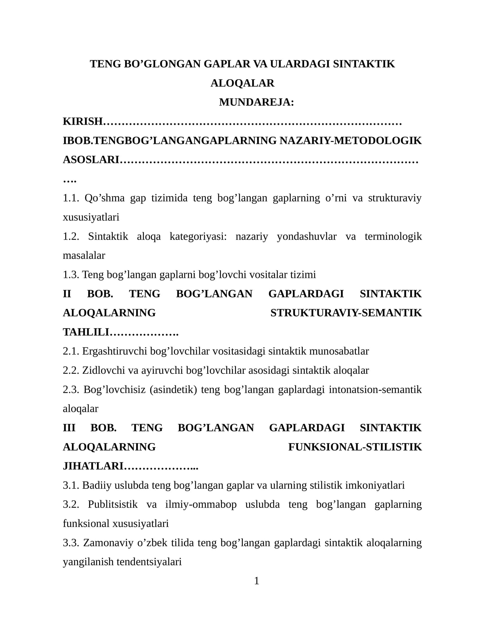 TENG BO’GLONGAN GAPLAR VA ULARDAGI SINTAKTIK ALOQALAR