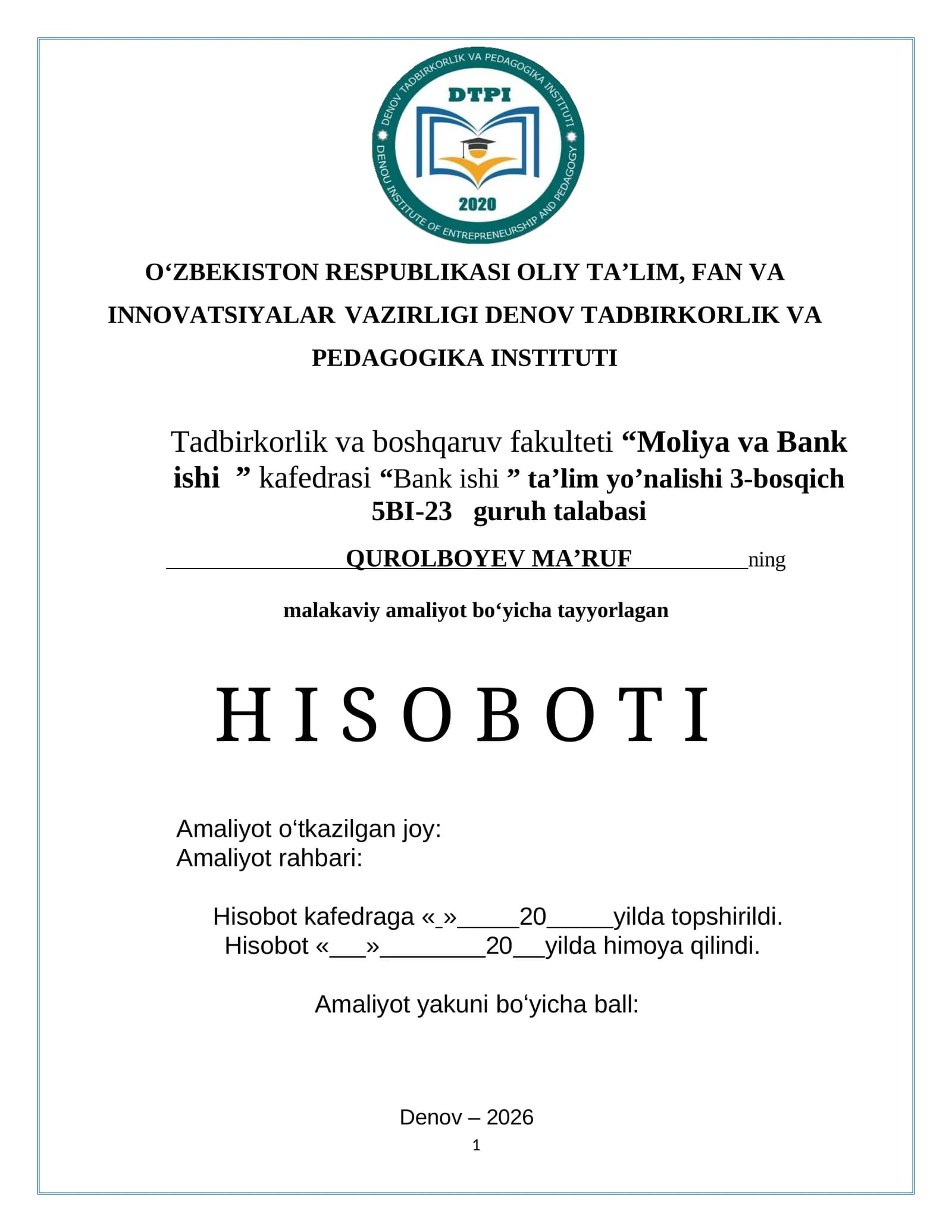 AGROBANK ATB umumiy tushuncha  hamda  "Agrobank" Xorazm Viloyati Yangibozor tuman filialining  Malakaviy amaliyot bo’yicha tayyorlagan hisobot