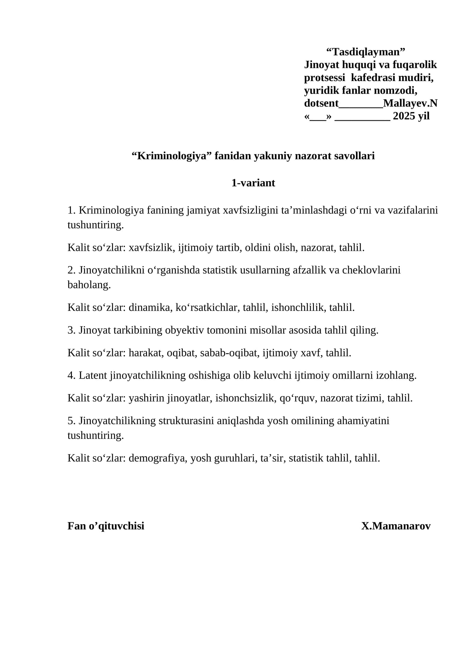 Kriminologiya fanidan yakuniy nazorat savollari