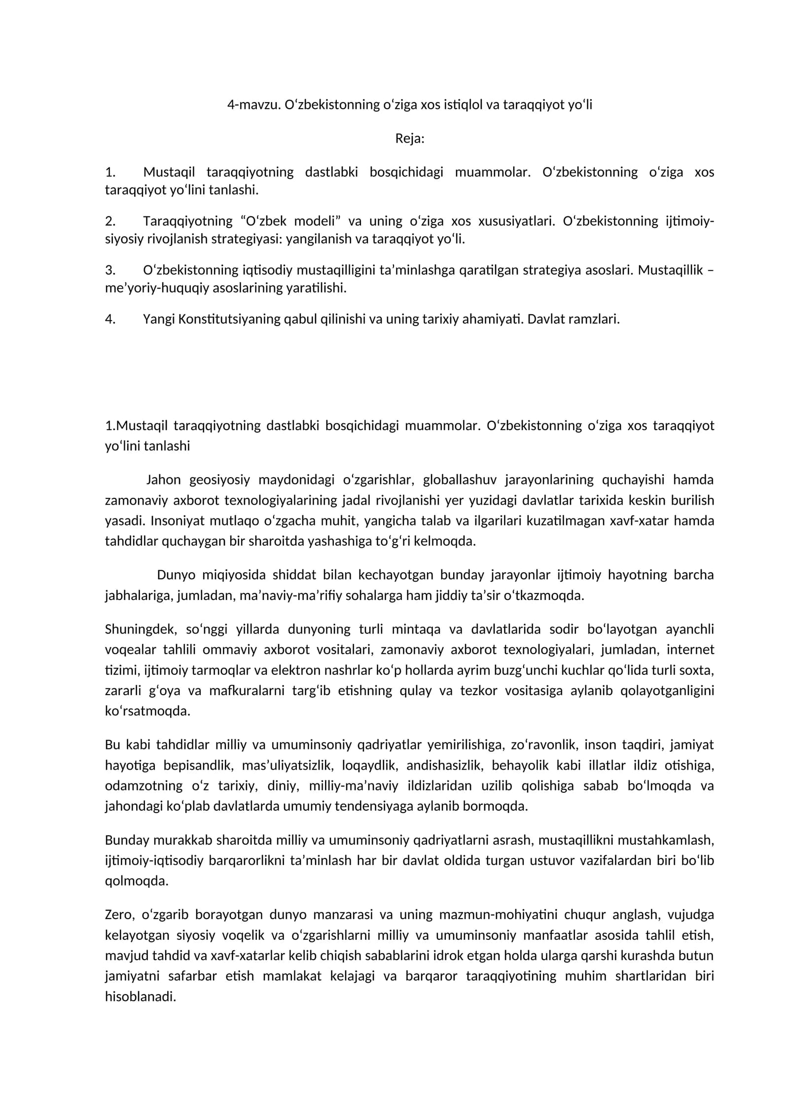 4-mavzu. O‘zbekistonning o‘ziga xos istiqlol va taraqqiyot yo‘li