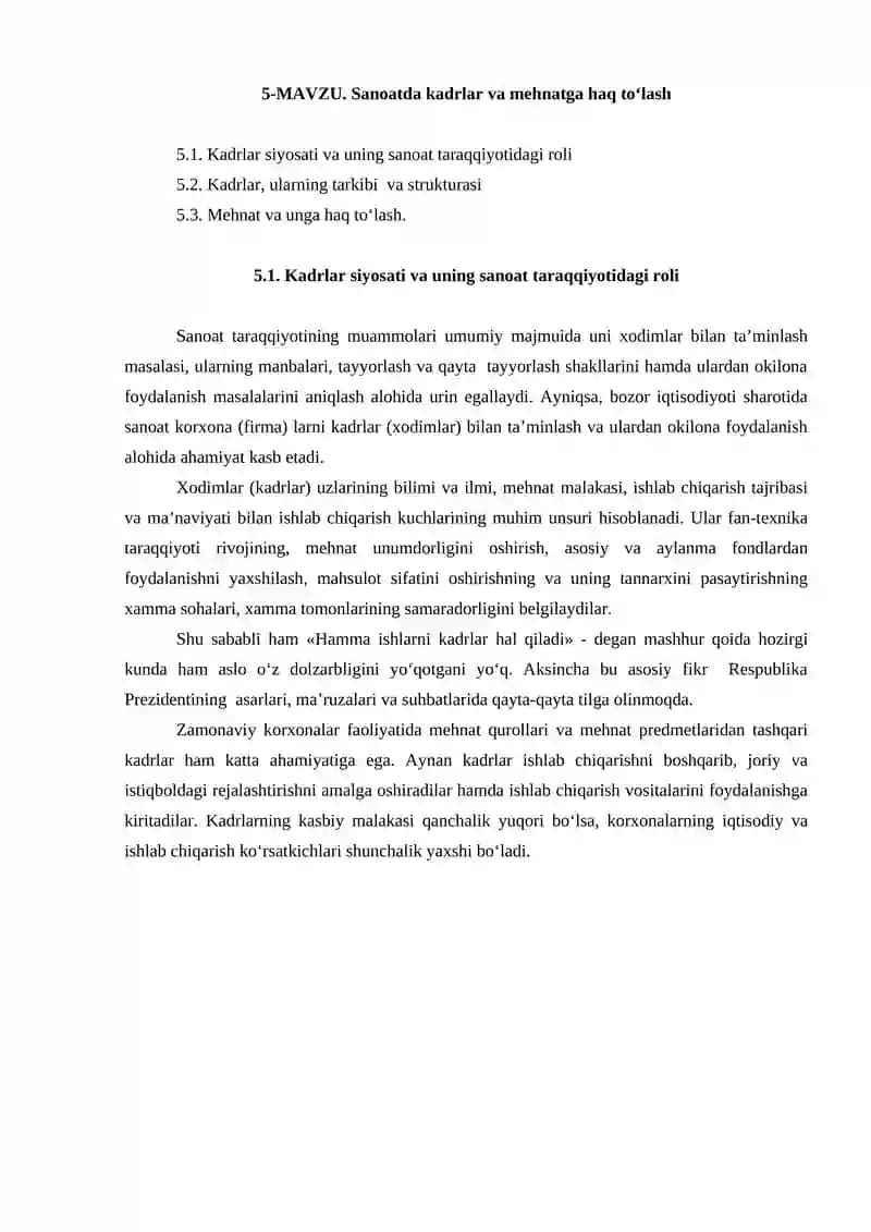 Sanoatda kadrlar va mehnatga haq to‘lash