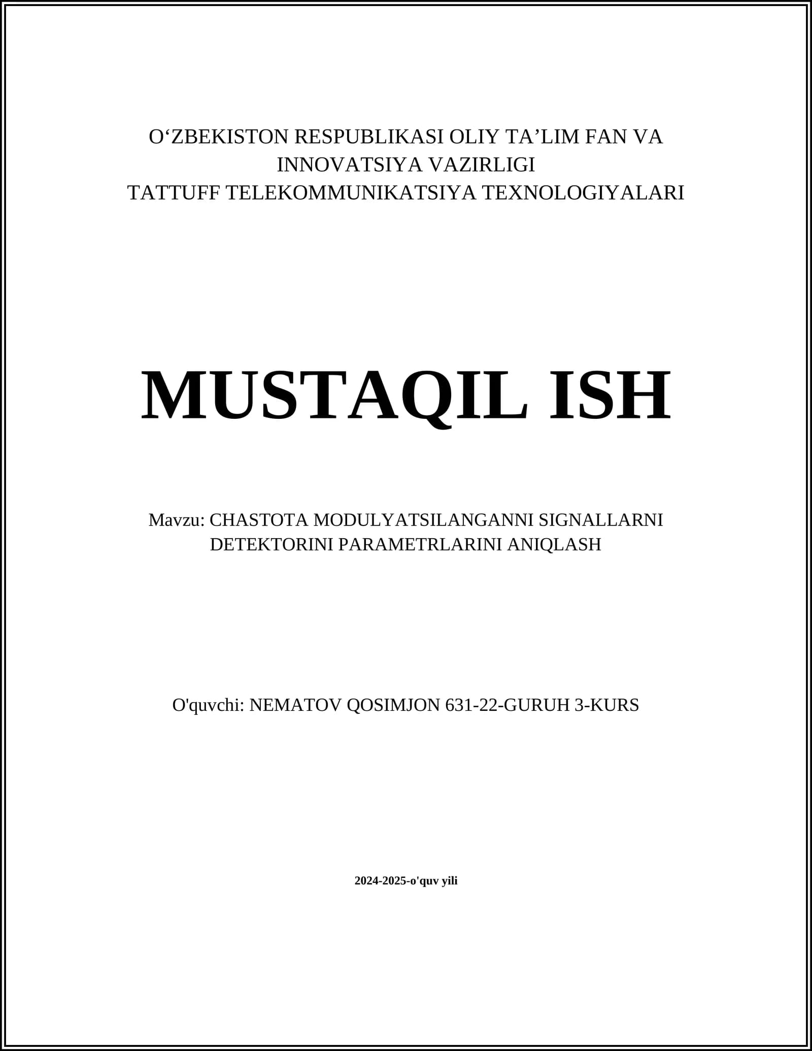 CHASTOTA MODULYATSILANGANNI SIGNALLARNI DETEKTORINI PARAMETRLARINI ANIQLASH