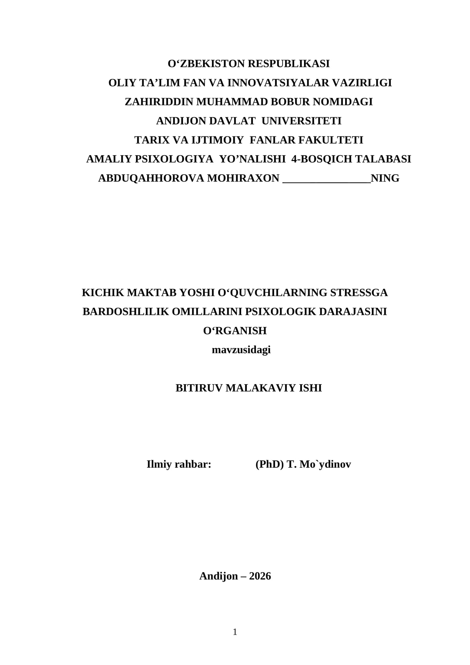 KICHIK MAKTAB YOSHI OʻQUVCHILARNING STRESSGA BARDOSHLILIK OMILLARINI PSIXOLOGIK DARAJASINI OʻRGANISH