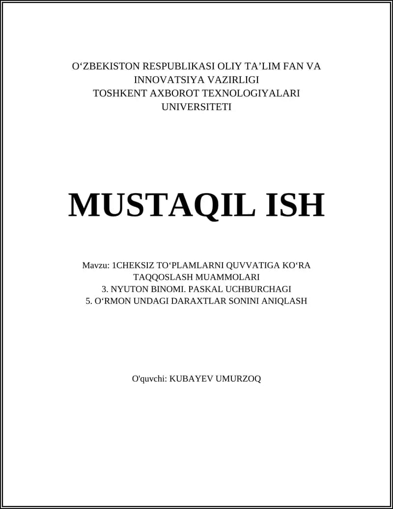 1CHEKSIZ TO‘PLAMLARNI QUVVATIGA KO‘RA TAQQOSLASH MUAMMOLARI