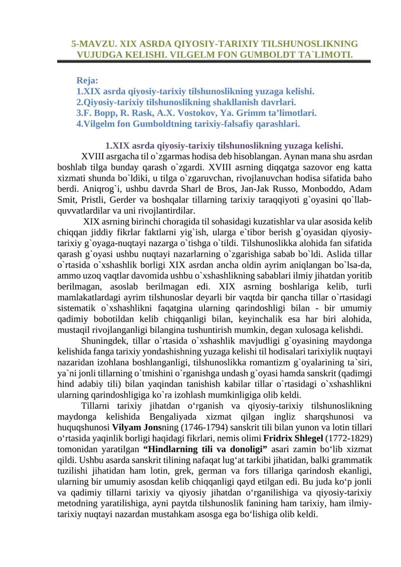 XIX ASRDA QIYOSIY-TARIXIY TILSHUNOSLIK