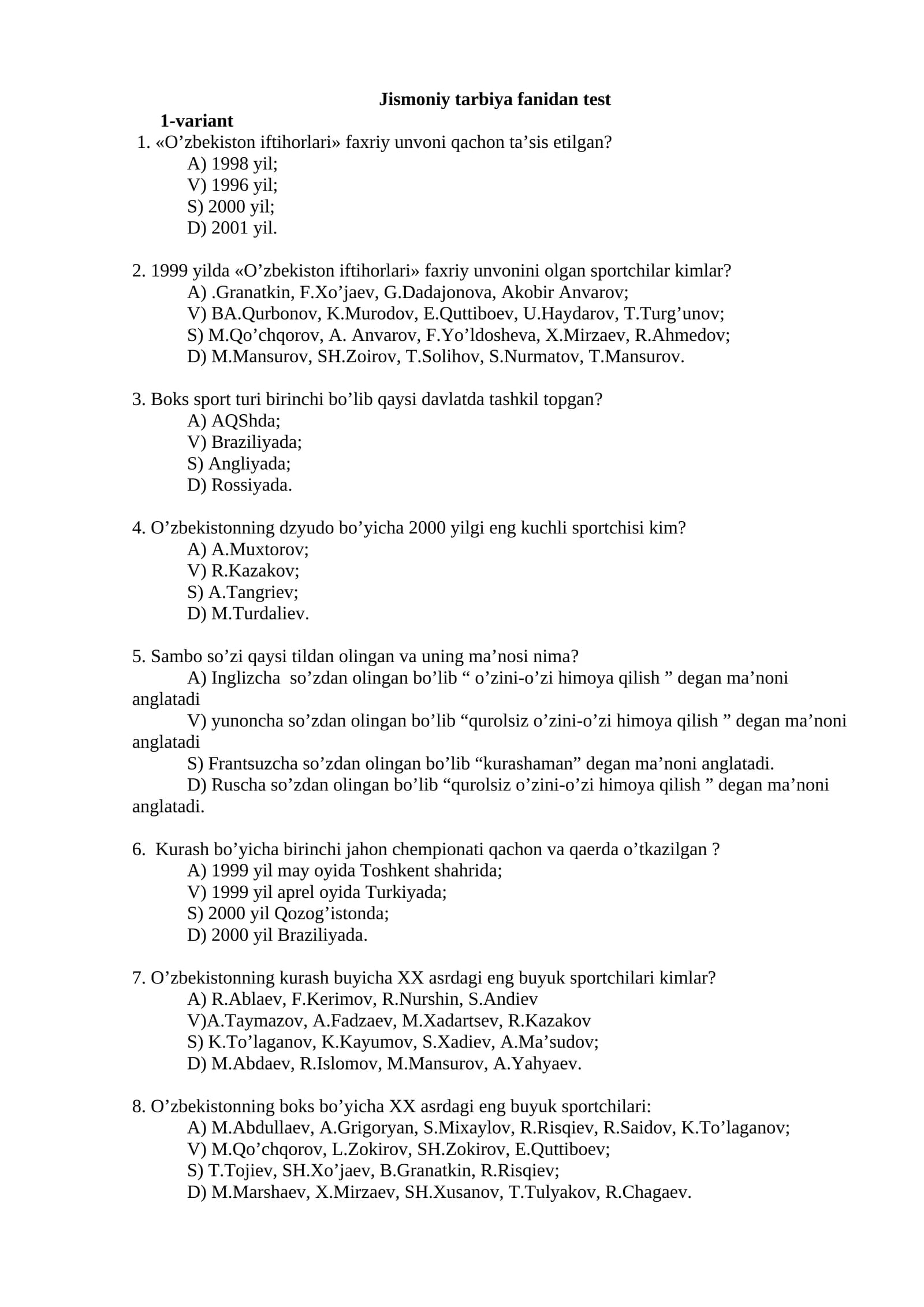 Jismoniy tarbiya fanidan test