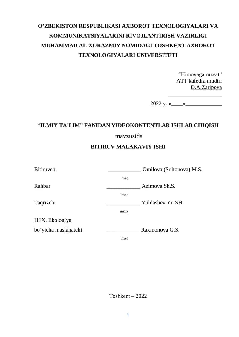 ILMIY TA’LIM FANIDAN VIDEOKONTENTLAR ISHLAB CHIQISH