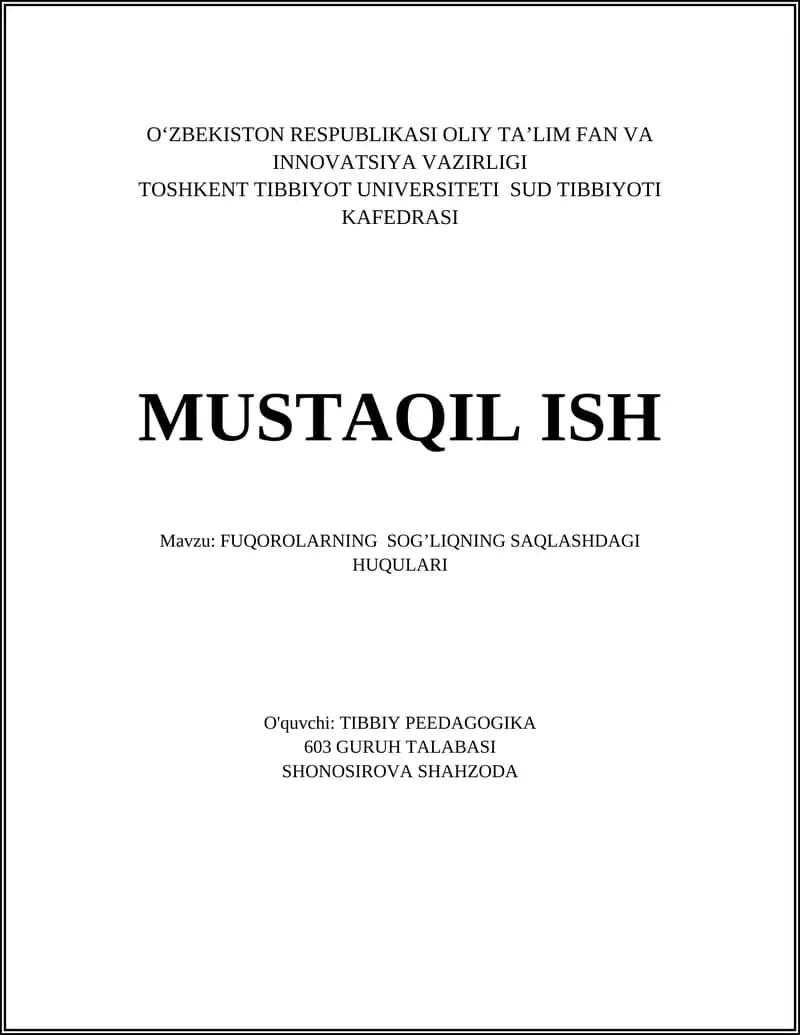 FUQOROLARNING SOG’LIQNING SAQLASHDAGI HUQULARI