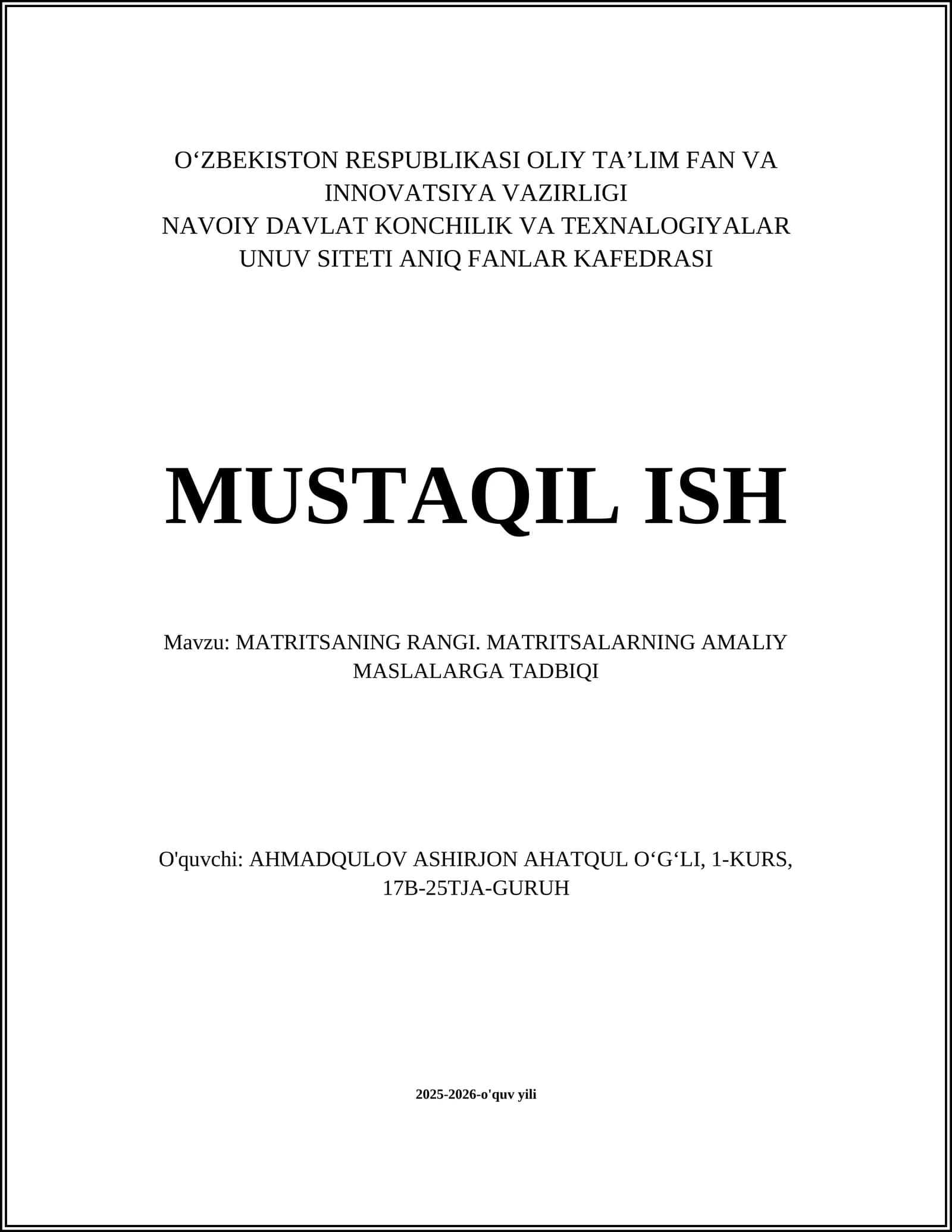 MATRITSANING RANGI. MATRITSALARNING AMALIY MASLALARGA TADBIQI