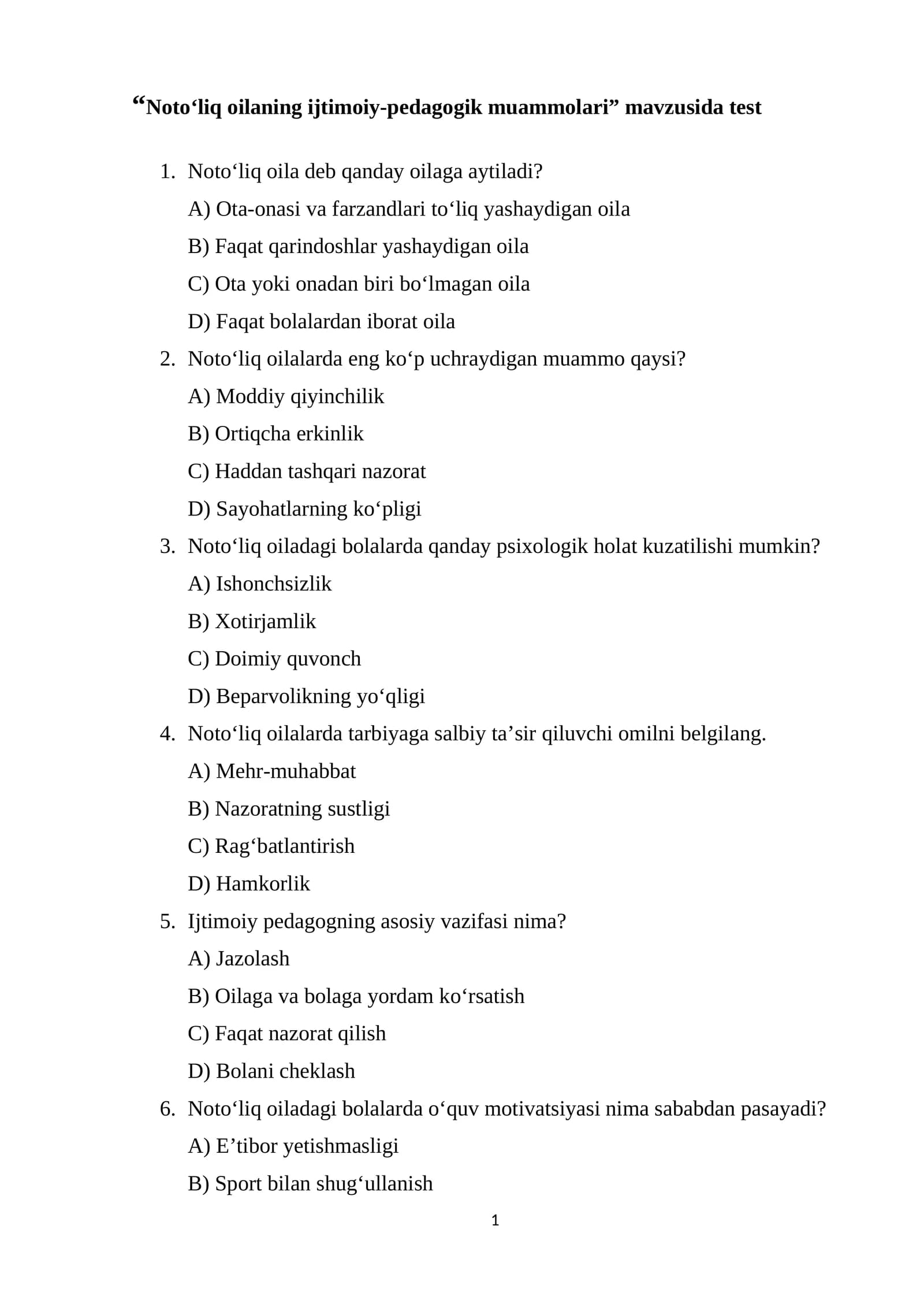 Noto‘liq oilaning ijtimoiy-pedagogik muammolari