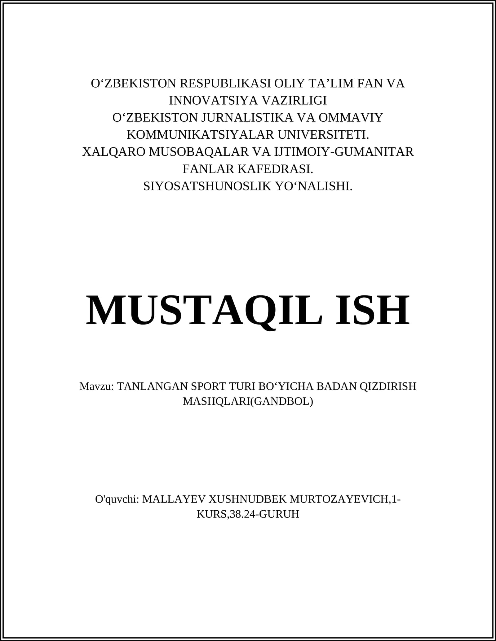 TANLANGAN SPORT TURI BOʻYICHA BADAN QIZDIRISH MASHQLARI(GANDBOL)