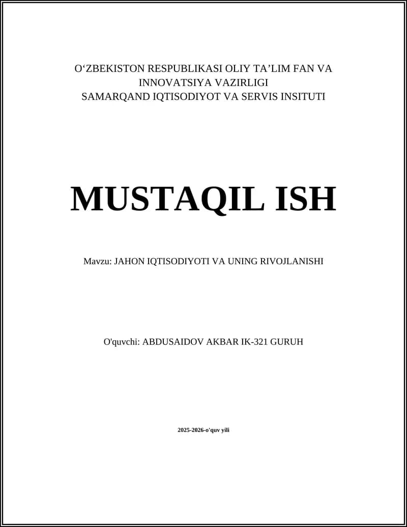JAHON IQTISODIYOTI VA UNING RIVOJLANISHI