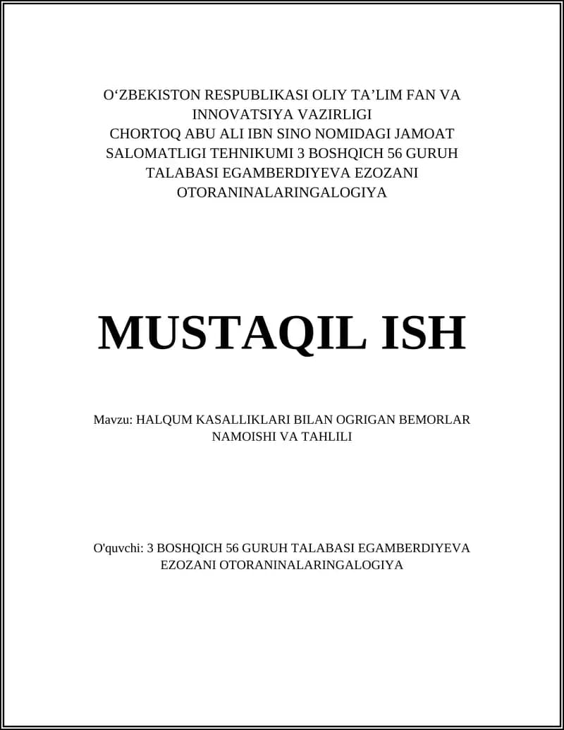 HALQUM KASALLIKLARI BILAN OGRIGAN BEMORLAR NAMOISHI VA TAHLILI