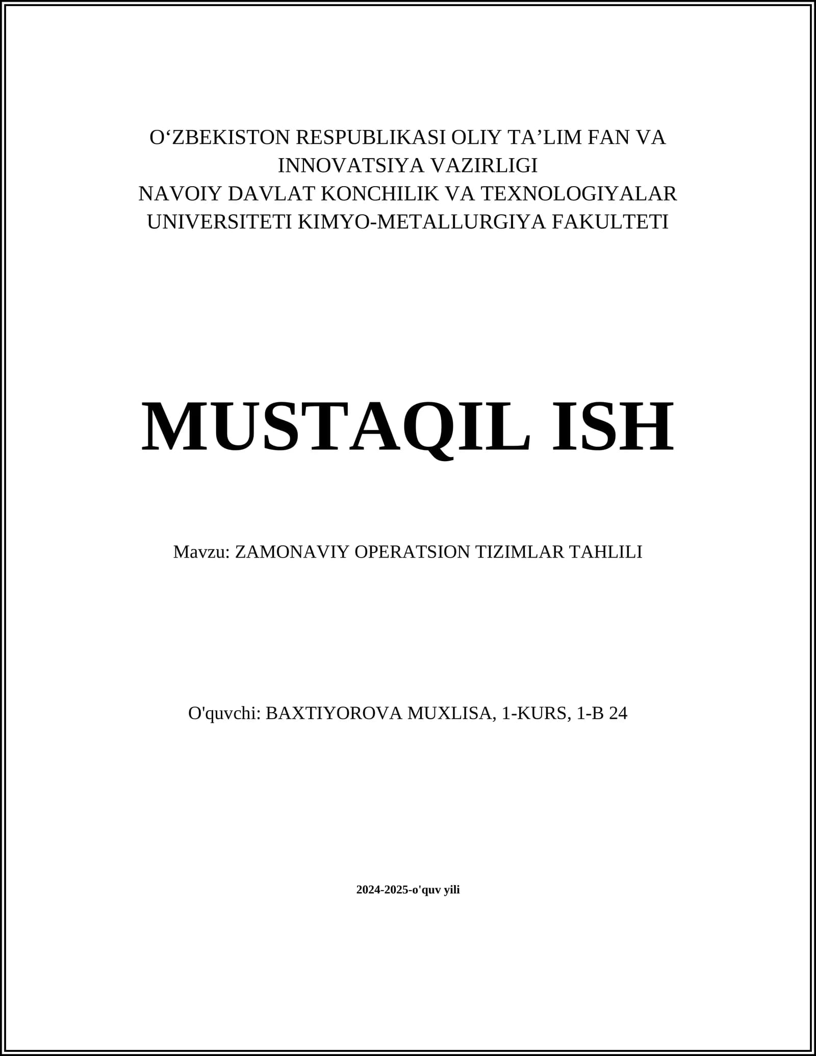 ZAMONAVIY OPERATSION TIZIMLAR TAHLILI