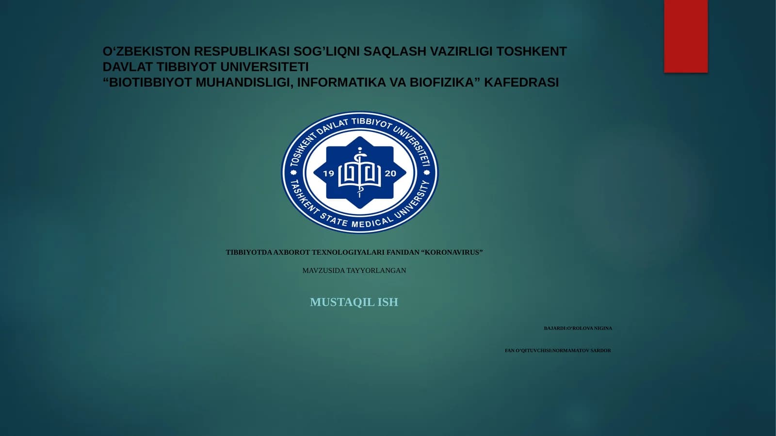 TIBBIYOTDA AXBOROT TEXNOLOGIYALARI FANIDAN“KORONAVIRUS”