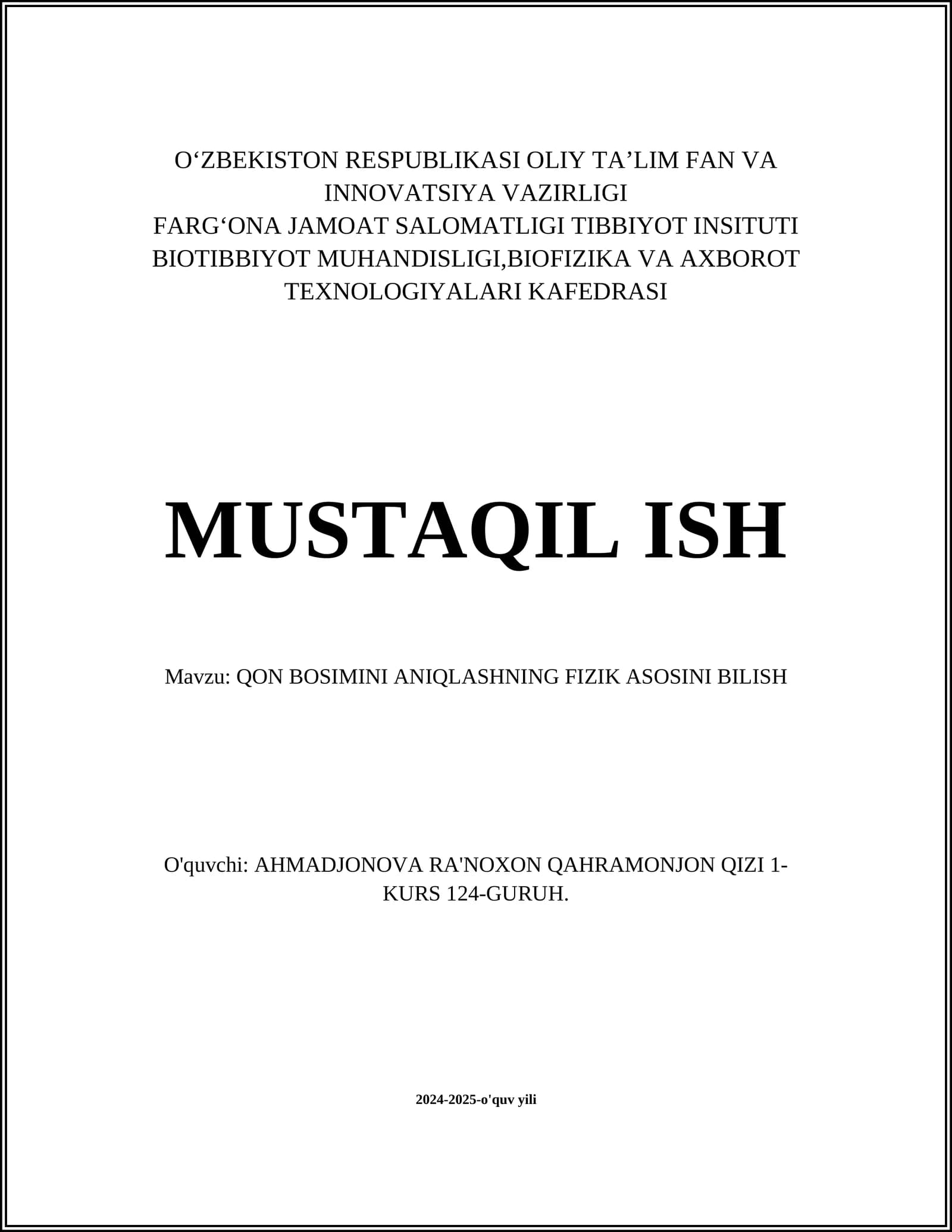 QON BOSIMINI ANIQLASHNING FIZIK ASOSINI BILISH