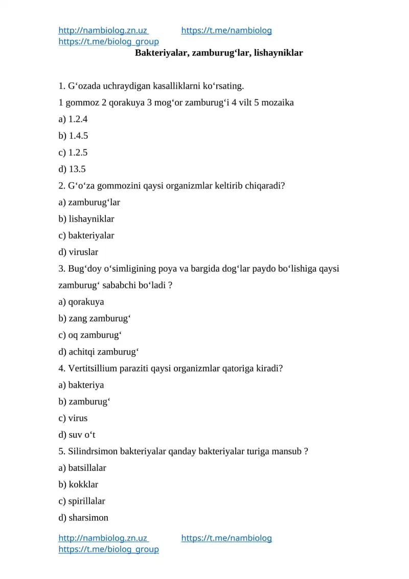 Biologiya test savollar to'plami