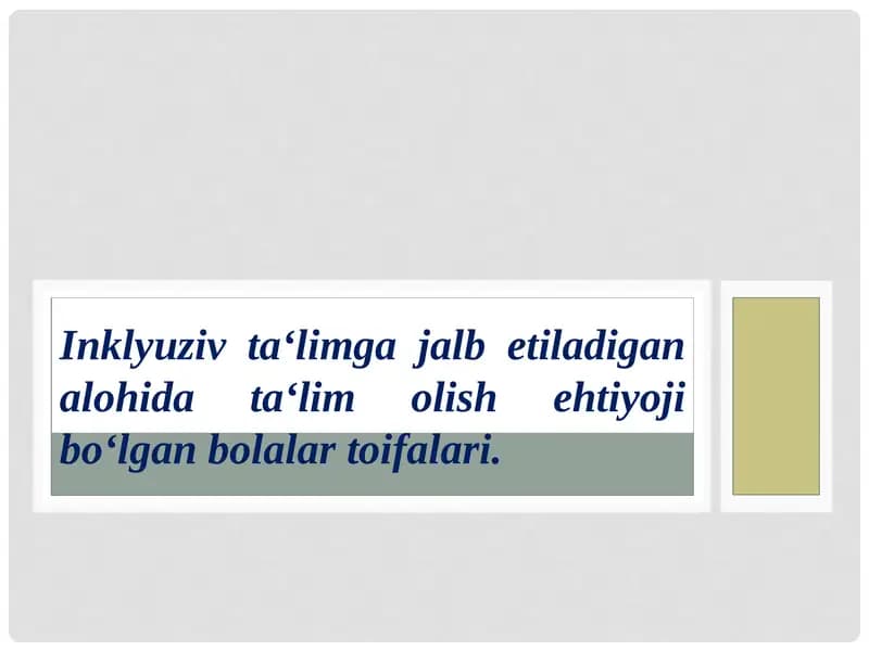 Inklyuziv ta‘limga jalb etiladigan alohida ta‘lim olish ehtiyoji bo‘lgan bolalar toifalari.