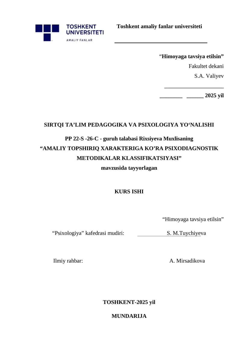 PSIXODIAGNOSTIK METODIKALAR KLASSIFIKATSIYASI