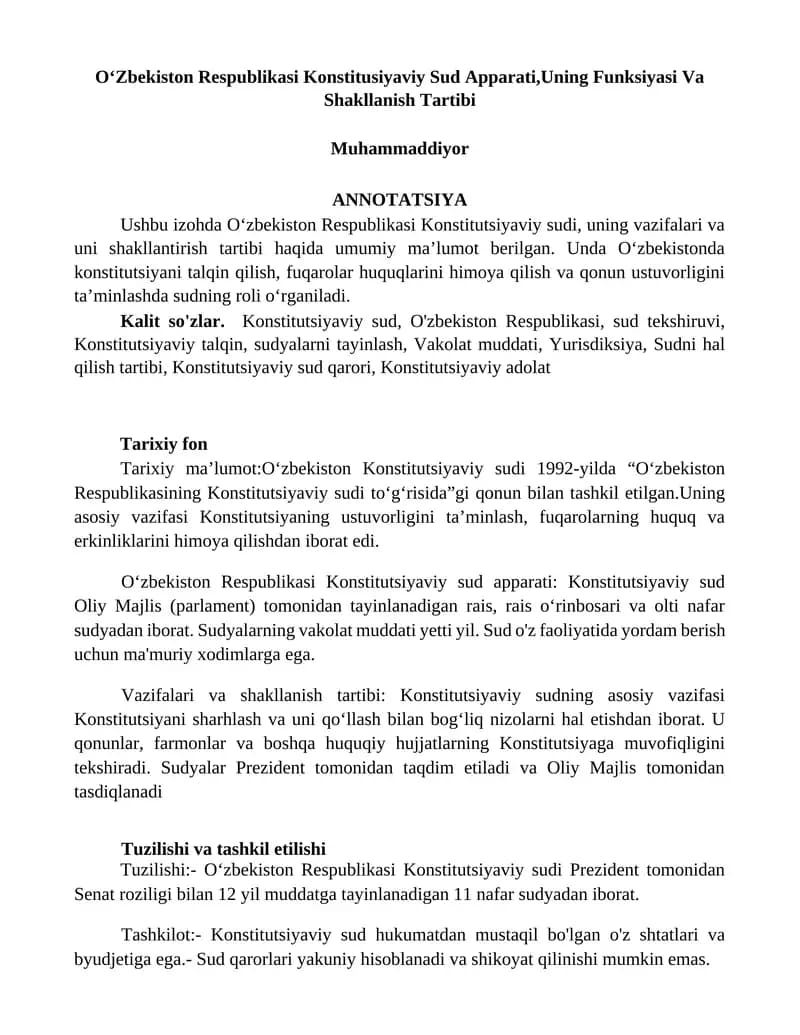 O‘zbekiston Respublikasi Konstitusiyaviy Sud Apparati,Uning Funksiyasi Va Shakllanish Tartibi
