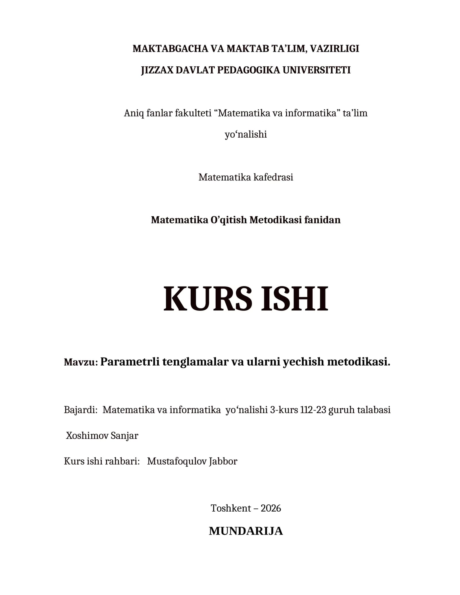 Parametrli tenglamalar va ularni yechish metodikasi