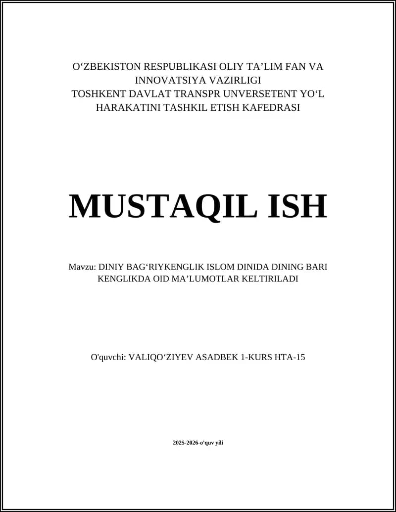 DINIY BAGʻRIYKENGLIK ISLOM DA