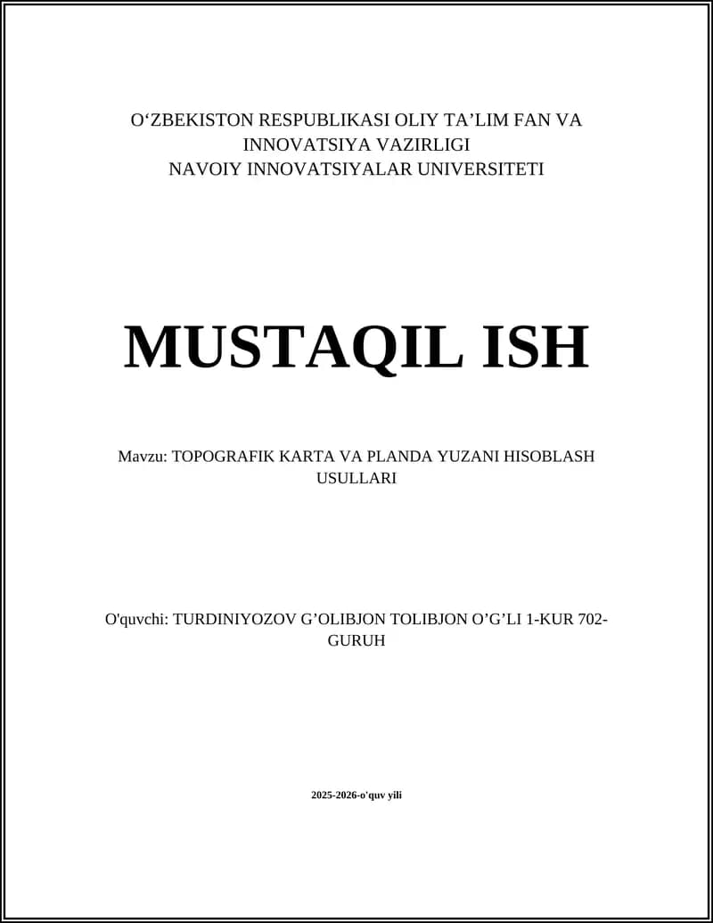 TOPOGRAFIK KARTA VA PLANDA YUZANI HISOBLASH USULLARI