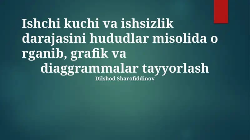 Hududiy (Shimoliy-Sharq, G'arbiy, Janubiy, Markaziy) bandlik va ishsizlik ko'rsatkichlarini (2010-2023) BLS ma'lumotlari asosida tahlil qilish, grafiklar yaratish, farqlarni aniqlash (masalan, Markaziy hududda ishlab chiqarishning pasayishi ishsizlikka ta'sirini), maqsadli kasb-hunar ta'limi dasturlari va infratuzilmaga investitsiyalarni (masalan, qishloq joylariga 5 milliard dollarlik keng polosali internet) taklif qilish