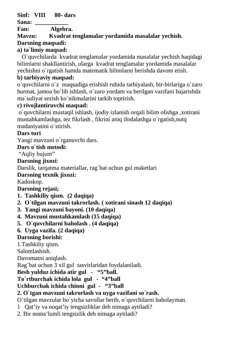 dars ishlanmalar 8-sinf 4-chorak algebra