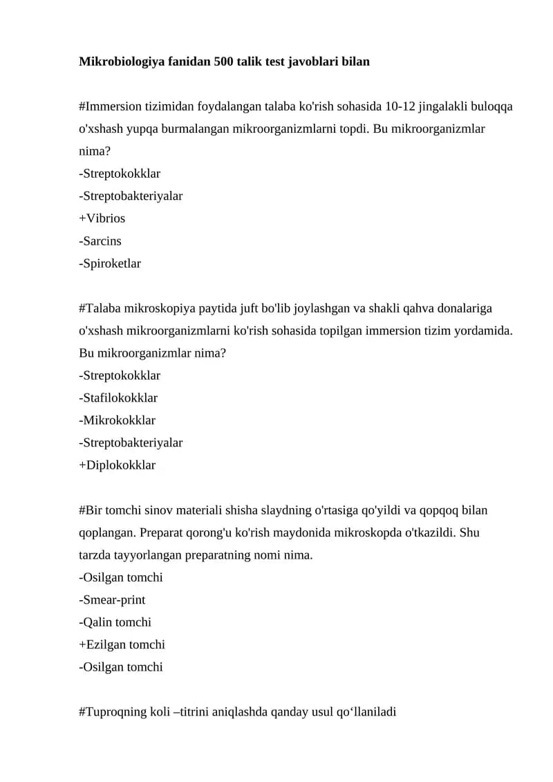 Mikrobiologiya fanidan 500 talik test javoblari bilan