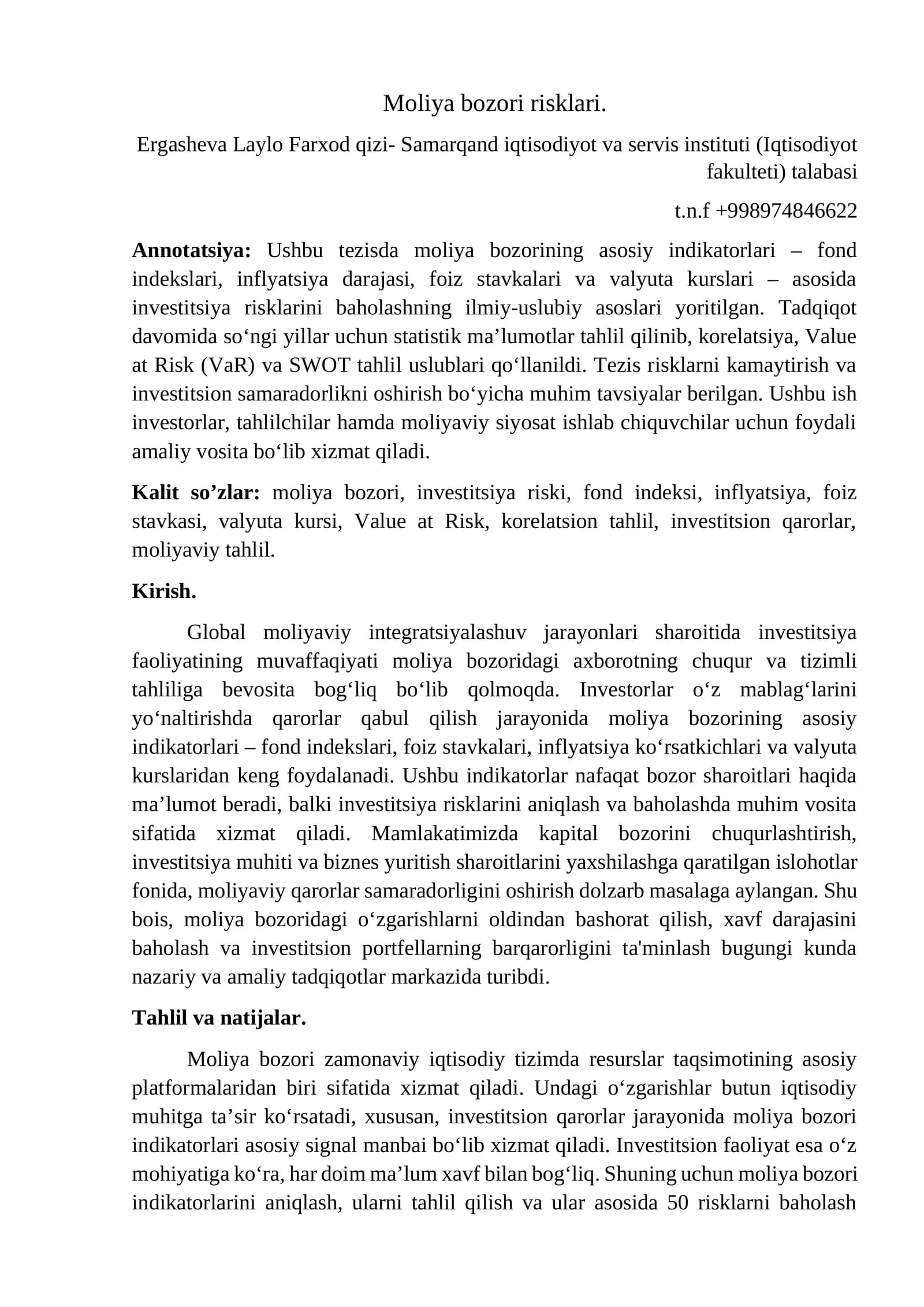 Maqalo: Moliya bozori risklari.