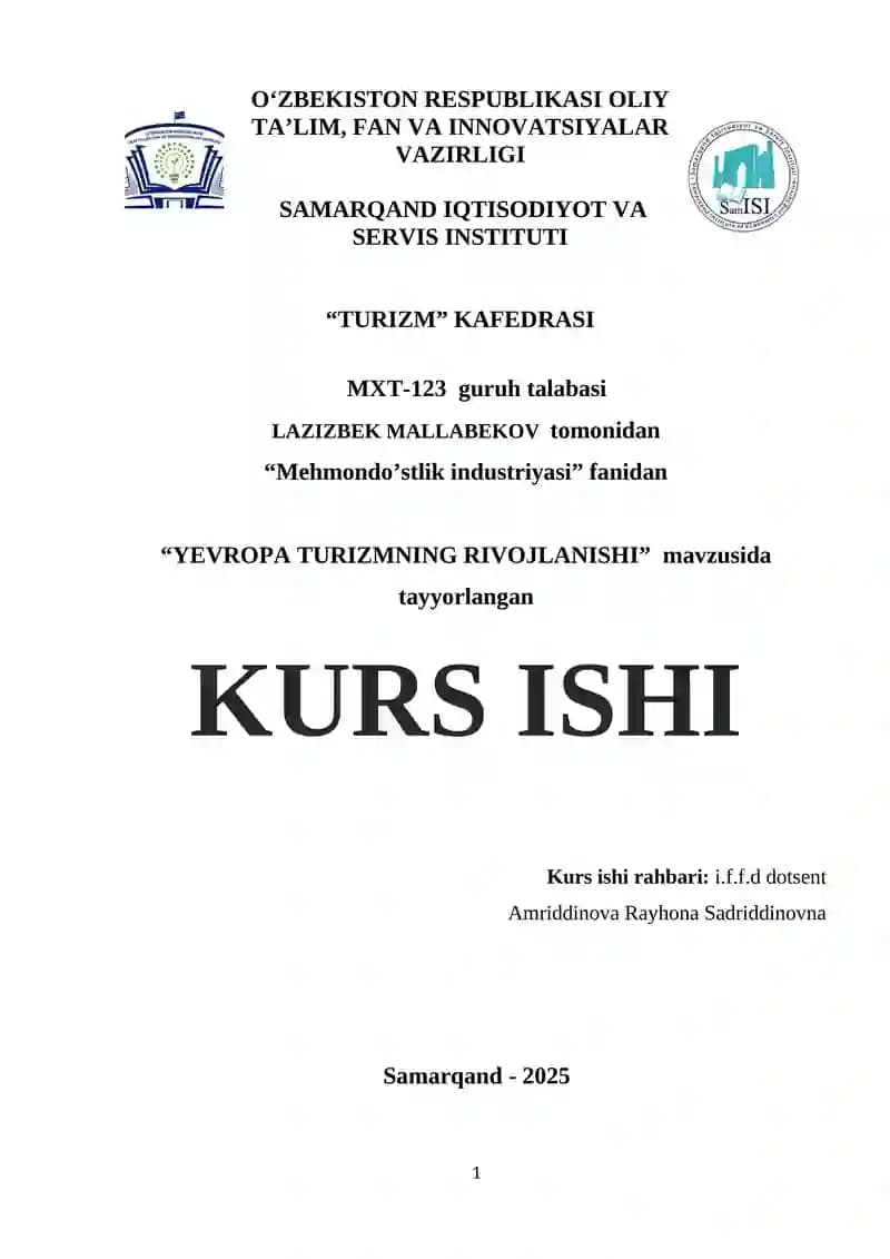 “YEVROPA TURIZMNING RIVOJLANISHI” mavzusida tayyorlangan KURS ISHI