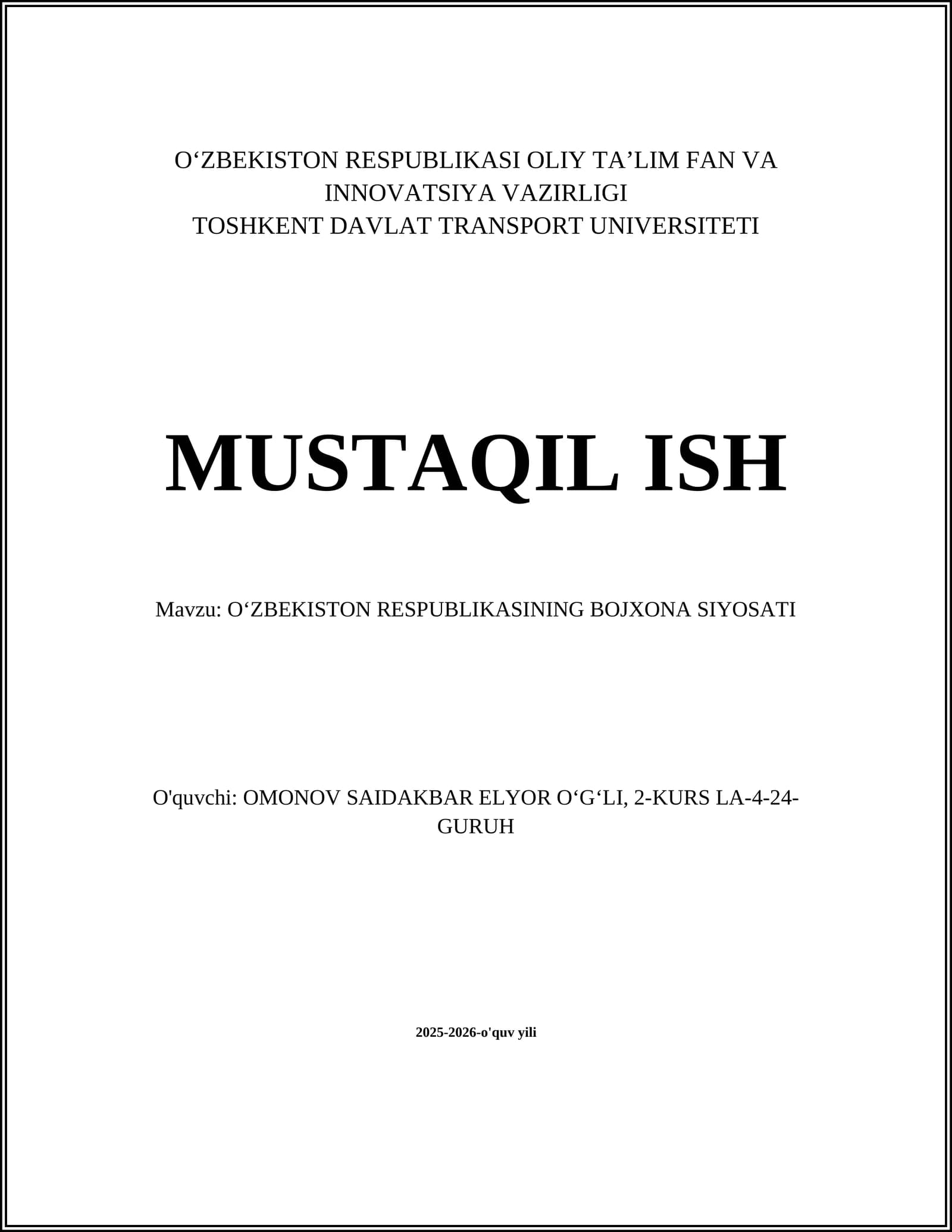 OʻZBEKISTON RESPUBLIKASINING BOJXONA SIYOSATI