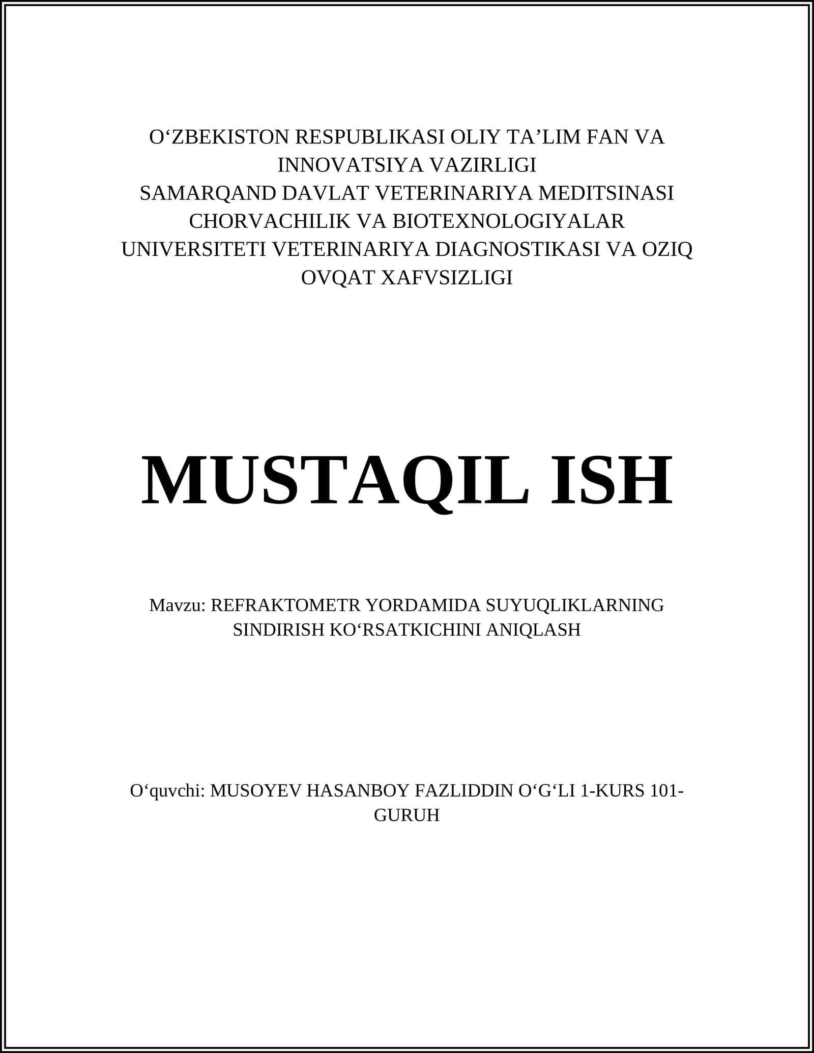 REFRAKTOMETR YORDAMIDA SUYUQLIKLARNING SINDIRISH KOʻRSATKICHINI ANIQLASH