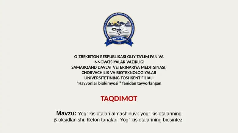 Yog` kislotalari almashinuvi: yog` kislotalarining β-oksidlanishi. Keton tanalari. Yog` kislotalarining biosintezi