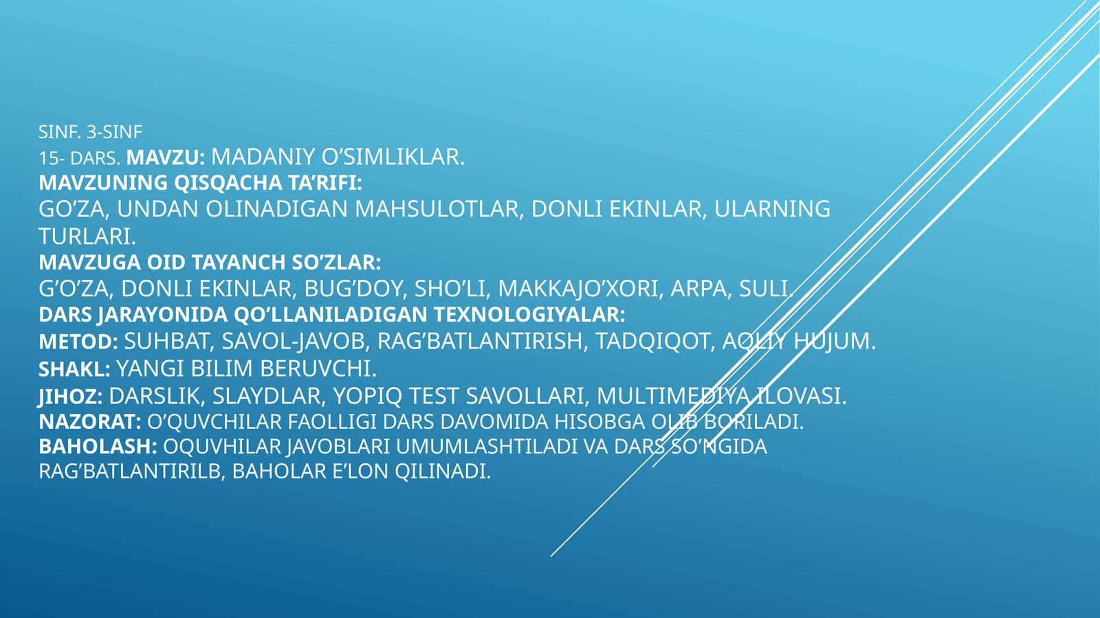 3-sinf Tabiiy Fan (Science) Madaniy o'simliklar dars ishlanma