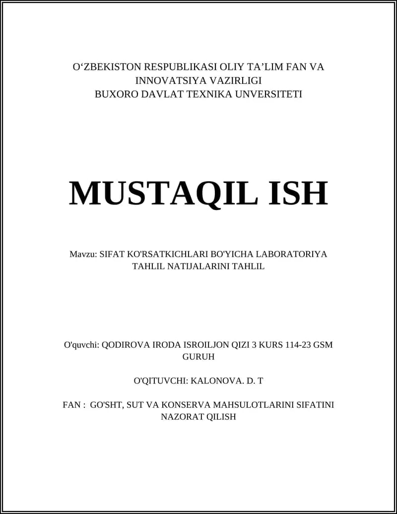 SIFAT KO'RSATKICHLARI LABORATORIYA TAHLILI